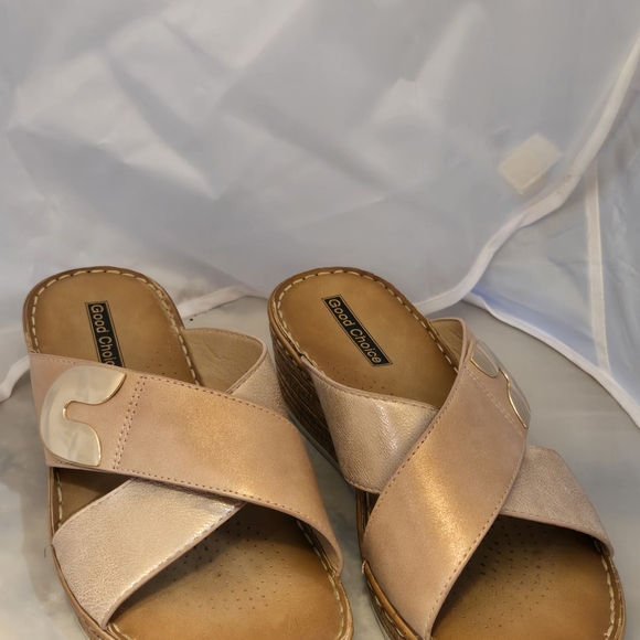 Good Chic Shell Colored Wedge Sandals with Gold Metallic Accent - Picture 4 of 4